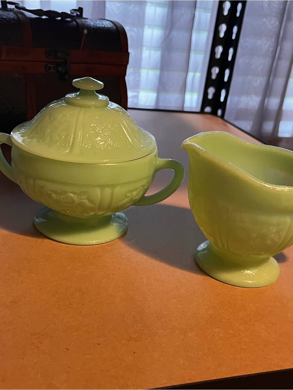 Green Milk Glass Sugar Bowl and Creamer Set - Vintage Style